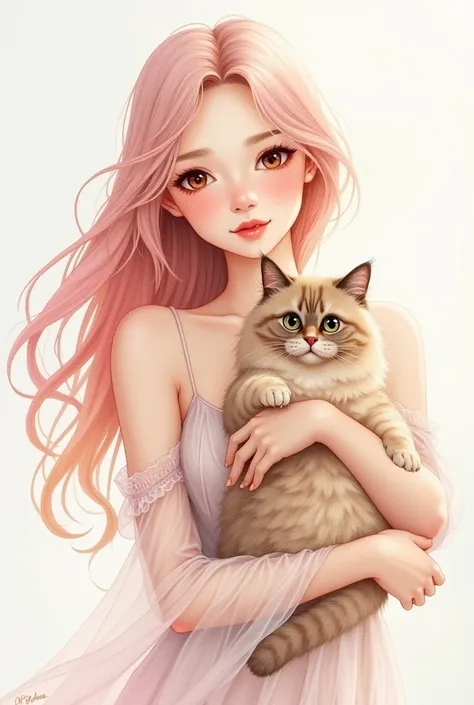 watercolor Art by Artgerm, Kinuko Craft, beautiful Beautiful woman, long light pink hair, delicate makeup, light smile, translucent dress, hugging tabby fluffy cute haylend Scottish fold cat , gentle atmosphere, looking into the frame