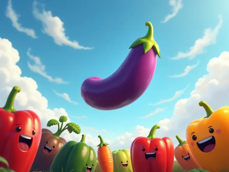 Eggplant Flying On Sky Vegetables Watching And Smiling. High Resolution, HD, 