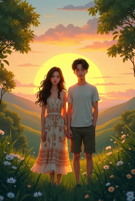 Serene Couple in Nature: A super hyperrealistic, front-facing illustration of a couple standing still in a lush field, both looking outward toward the viewer. The woman, in a patterned dress, and the man, in casual attire, are framed by a vivid sunset sky ...