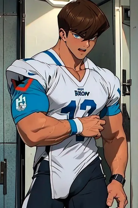 Seto Kaiba from Yu-Gi-Oh, bodybuilder, sweaty, defined body, big legs, locker room, leaning against the lockers, wearing football uniform, vapid stare, sweaty body, big bulging crotch, shoulder pads, football jersey, football cleats, football pants, hypnot...