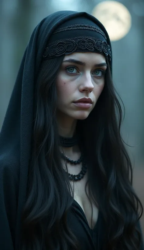  create a woman with the physical appearance of the goddess Hecate, with just a headscarf . very beautiful.  long hair. Dressed in the costume of a Wiccan witch. Looking ahead and this face in front of me.  the setting in the background is of moonlight . T...