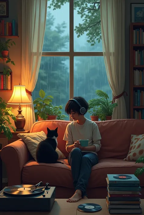 "A warm, cozy living room lit by the soft glow of a vintage lamp in the evening. A large window shows a tranquil garden scene with a few raindrops trickling down the glass. On the couch, a teenager is sitting in depression with a cat curled up beside them,...