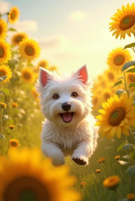 A westie dog on a field of yellow flowers 