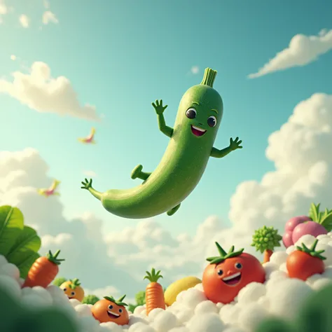 Zucchini Flying On Sky Vegetables Watching And Smiling. High Resolution, HD, 