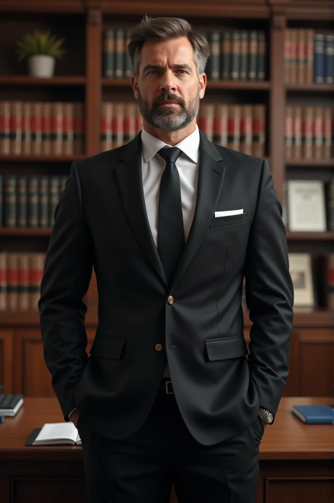 A male lawyer wearing uniform of balck coat, black tie and black pant standing in his office