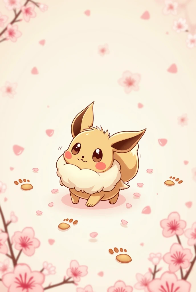 cute illustration of a round icon girl with Eevee disguised footprints of cherry blossoms