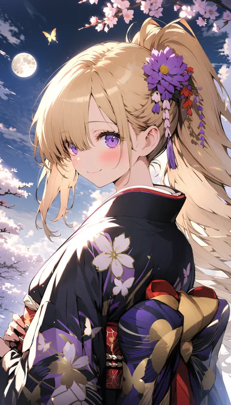 1girl, solo, 18 years old, looking at viewer, blush, smile, closed mouth, blonde hair, ponytail, long hair, long sleeves, purple eyes, full moon, flower, japanese clothes, wide sleeves, kimono, hair over one eye, sky, butterfly, hakama skirt, egasumi, yaga...