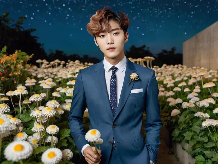 Full body photo of Korean boy in his 20s,  with mushroom hair and dressed in a suit with a tie, posing on flowers ,  looking at the stars 