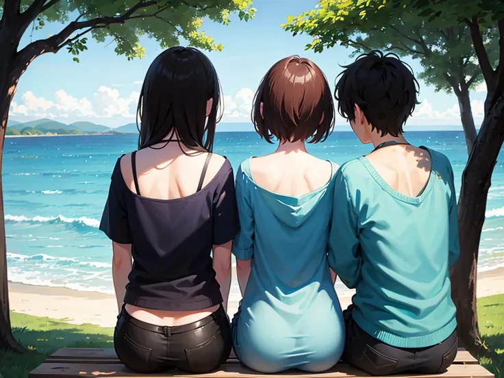 Rear view of two men and women in love 、 sitting side by side on a bench from a hill with a view of the ocean、 the backrest of the bench is visible here 、Men are taller 、 on a 、 sunny and peaceful holiday afternoon : 9 。