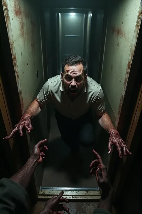 Frightened man inside an elevator while bloodied zombie hands try to reach him. 