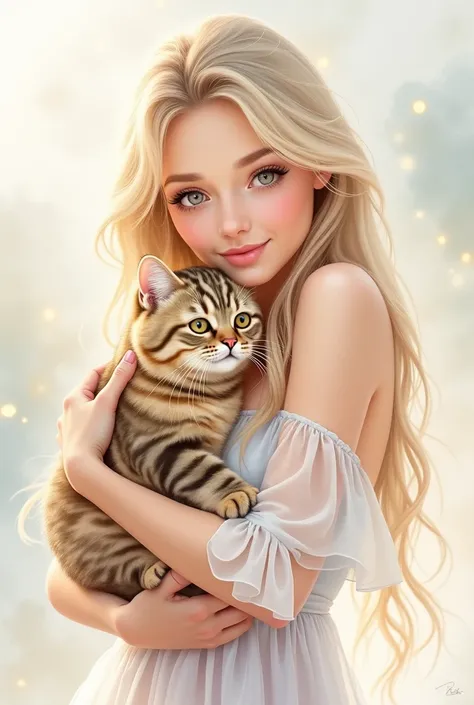 watercolor Art by Artgerm, Sakimichan, beautiful Beautiful woman, long light blonde hair, delicate makeup, light smile, translucent dress, hugging tabby brown  fluffy cute haylend Scottish fold cat , gentle atmosphere, looking into the frame