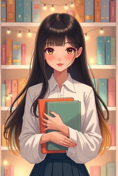 An Asian woman with dark brown eyes and long hair.  Her lower hair is blonde and the top hair black .  She has books in her hand  .  In the background is a white bookshelf with pastel-colored books and decorations.   There is a string of lights on the book...