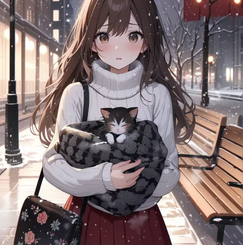 (best quality, masterpiece), worried, holding gray striped sleeping kitten in knitted blanket, swept bangs, long sidelocks, brown hair, very long hair, brown eyes, small breasts, ribbed white sweater, dark red skirt, socks, sneakers, floral print black sat...