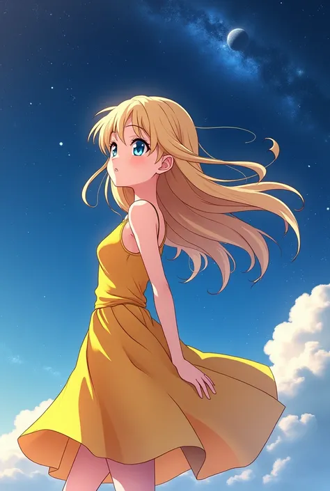 anime girl in a yellow dress looking at the sky, an anime cartoon by Yuumei ,  winner of the pixiv contest , space art, anime girl with cosmic hair,  portrait of space cadet anime girl , 4k anime style, blonde girl in a cosmic dress , girl in space, anime ...