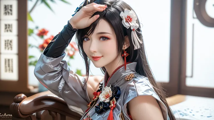 ( perfect detail : 1.5, 8K Wallpaper, masterpiece,  is of the best quality,  super detailed) A woman, emperor, Delicate facial features, Asian Face, 短Black Hair, Fine Hair, Tie hair, Golden Embroidered Dragon Robe , Hanfu, Sitting on the Dragon Chair, Hand...