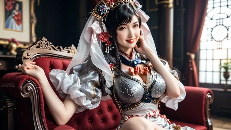 ( perfect detail : 1.5, 8K Wallpaper, masterpiece,  is of the best quality,  super detailed) A woman, emperor, Delicate facial features, Asian Face, 短Black Hair, Fine Hair, Tie hair, Golden Embroidered Dragon Robe , Hanfu, Sitting on the Dragon Chair, Hand...