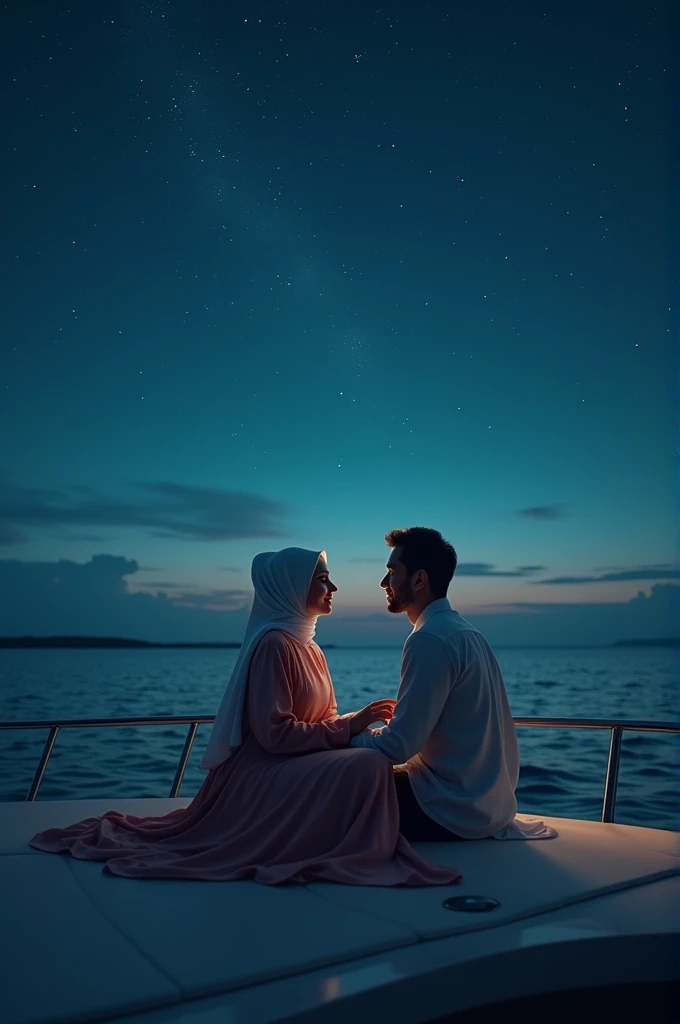 A beautiful couple in hijab and handsome ,  are on board a yacht enjoying the beauty of nature at night, realistic photography  