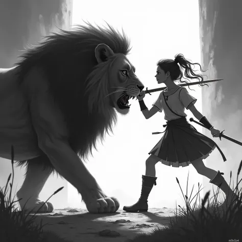 Gretel (teen) with a determined expression, lands a final blow on the Lion’s paw, causing him to retreat, roaring in pain. Light floods the scene. white and black