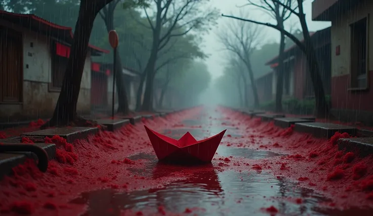 a paper boat was droning small in cyclone of blood drainage join to the road of city like village of Rajasthan in dark and horror theme while raining, road is  