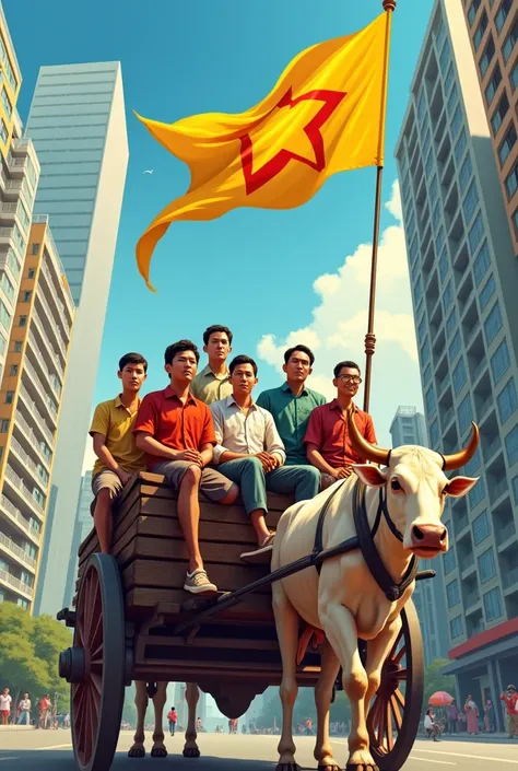 6 Vietnamese men on an ox cart with a yellow flag, behind is an apartment building