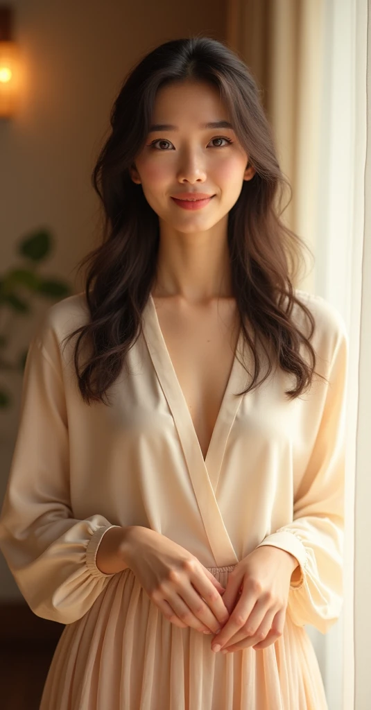 A beautiful woman in her late 20s with elegant and delicate features, resembling classic Japanese beauty. She has smooth, radiant skin, expressive almond-shaped eyes, and a warm, approachable smile. Her dark brown hair is styled in soft, natural waves, fra...