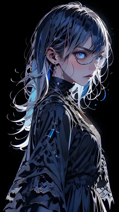    movie poster with young woman as protagonist 、 (Silver_hair, blue_hair,two-tone_hair:1.4)、(long hair :1.2)、(light Silver clear eyes 1 .3)Glare、 her face has a stiff expression  ,(gorgeous gothic dress with black lace:1.4) 、(black simple background:1.3)、...