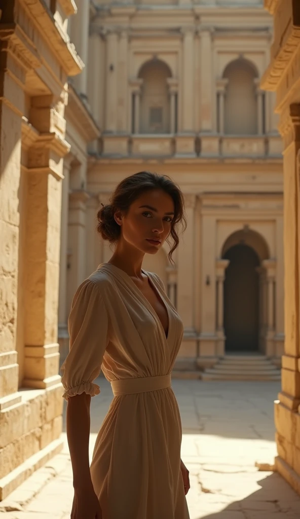 A vintage photoshoot of a beautiful lady, standing in front of the ancient architecture, beautiful sunlight 