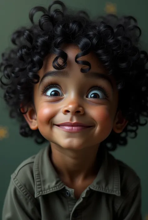 Create cute  ,  curly hair photo , darker skin and evil smile looking up at the sky 