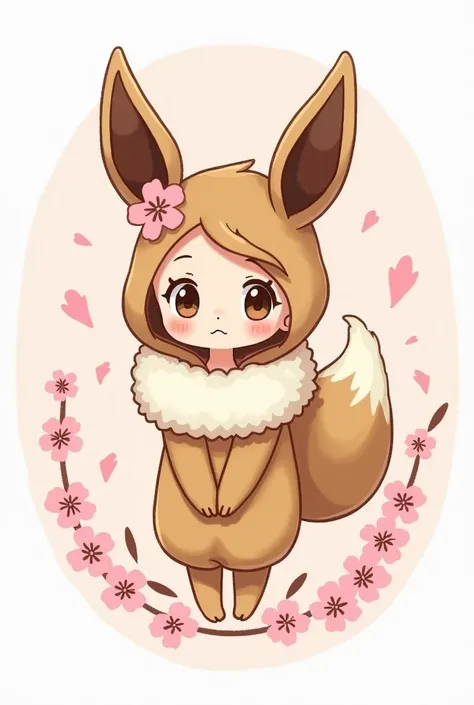 Cute handwritten round icon with footprints of a woman dressed as Eevee, cherry blossoms