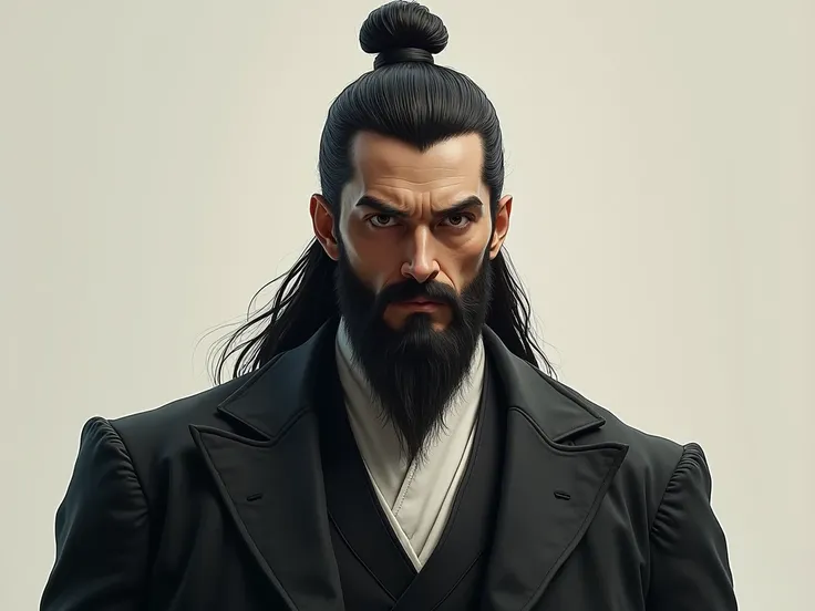 Quite tall and attractive man, he has quite long hair tied up in a top bun, his appearance is quite serious and imposing.