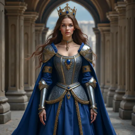 Women with brown hair and blue eyes wearing a blue and silver tudor style dress and armour and a crown with blue diamonds, standing in the hallway of a medieval castle
