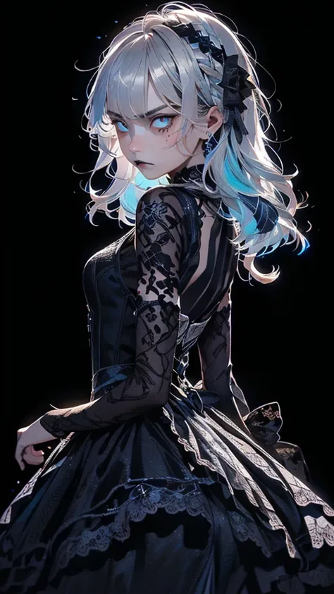    movie poster with young woman as protagonist 、 (Silver_hair, blue_hair,two-tone_hair:1.4)、(long hair :1.2)、(light Silver clear eyes 1 .3)Glare、 her face has a stiff expression  ,(gorgeous gothic dress with black lace:1.4) 、(black simple background:1.3)、...