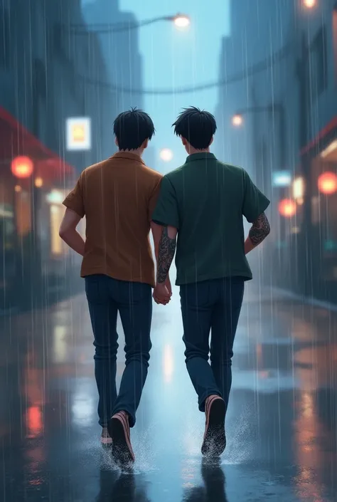 Two young people,  they are men and they are running in the rain ,  they are on their backs and they are holding hands , They are Koreans,  you have brown hair and tattoos on your right arm  ( He is tall in stature)  and the other young man has jet hair  (...