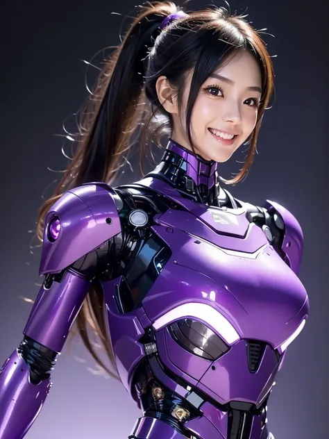 one Japanese female android, cute face, thin and tall, smile, black long hair, ponytail, purple robot suit, purple mechanical part, purple cyborg joint, upper body, plain background