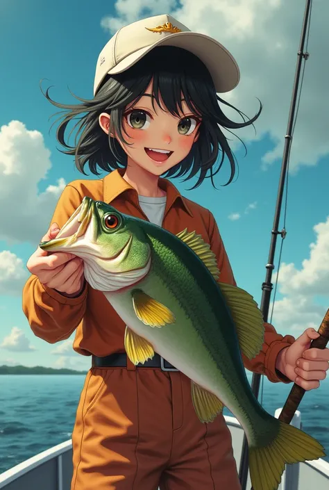   lively Japanese beauty doing bass fishing ,   with disheveled dark hair   、  ,    and her bright smile radiates joy   .      shes wearing a fishing suit     、 wearing a cap  ,      has a fishing rod with a bait casting reel in her right hand    ,   large...