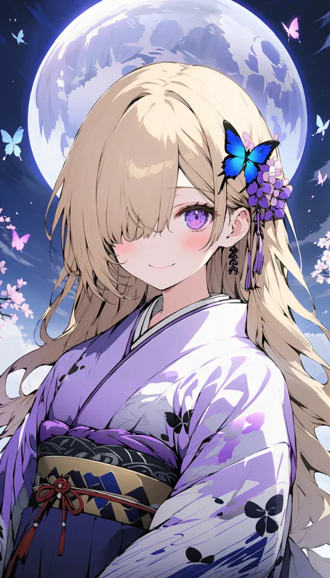 1girl, solo, 18 years old, looking at viewer, blush, smile, closed mouth, blonde hair, ponytail, long hair, long sleeves, purple eyes, full moon, flower, japanese clothes, wide sleeves, kimono, hair over one eye, sky, butterfly, hakama skirt, egasumi, yaga...