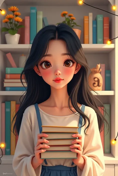 An Asian woman with dark brown eyes and long hair.  Her lower hair is blonde and the top hair black .  She has books in her hand  .  In the background is a white bookshelf with pastel-colored books and decorations.   There is a string of lights on the book...