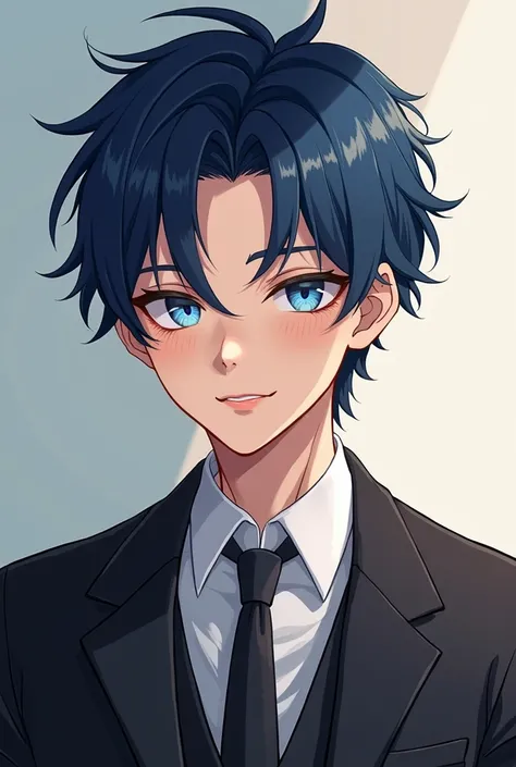  A male character of approximately 28 years old, that is, adult, short haired, Chinese on the side, somewhat fluffy, blue black. He has elongated blue eyes and a mole under his lip .  He must wear a suit with a flirty but fun attitude . Semirealistic anime...