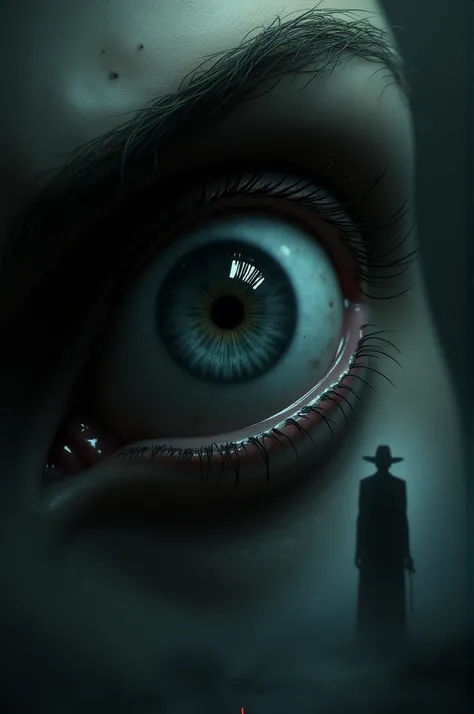 Close-up of a creepy eye with a dark figure in the background