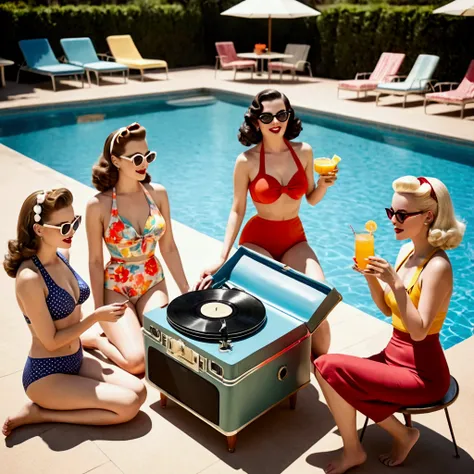 (40s pool party) several cute women (retro swimsuits and early 2 piece outfits, retro sunglasses, bare feet), a vintage record player is on one of the pool side tables, colorful mixed drinks
