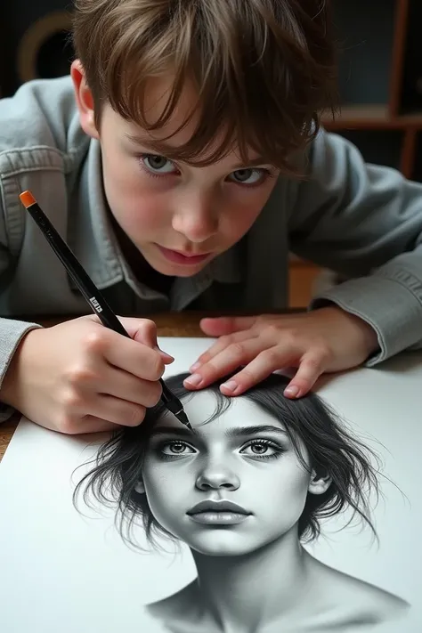 A young boy drawing hyper-realistic sketches of human beings. The pictures look so lifelike that it’s hard to tell if they are drawings or real people. The ’s artistic skills are extraordinary, with an intense focus on details.