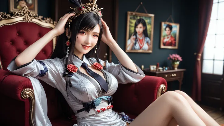 ( perfect detail : 1.5, 8K Wallpaper, masterpiece,  is of the best quality,  super detailed) A woman, emperor, Delicate facial features, Asian Face, 短Black Hair, Fine Hair, Tie hair, Golden Embroidered Dragon Robe , Hanfu, Sitting on the Dragon Chair, Hand...