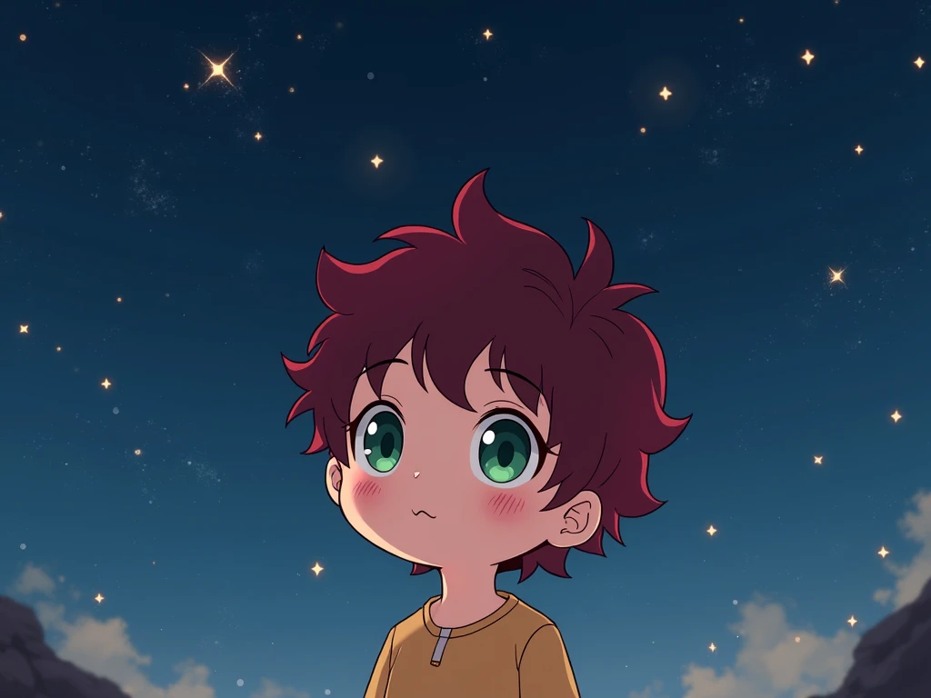   High Resolution, Cheveux Courts,  un petit garcon ,  cheveux rouge bordeau , et les yeux vert , dans les etoiles , anime