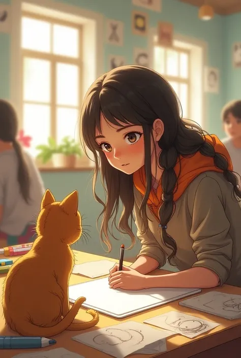 Make a picture of a  with long hair who is taking part in a drawing competition with a cat as the object