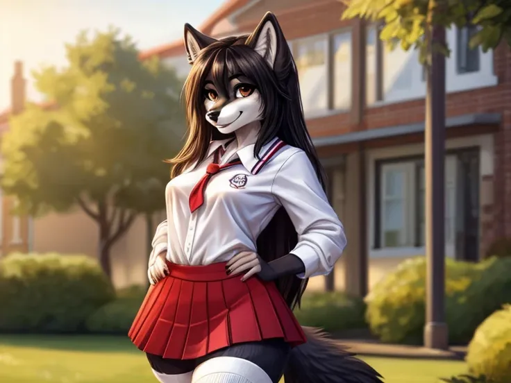 furry , black fur,  a female wolf in a skirt and school shirt,  long hair,  medium breasts, smile, fringe, thighs, bun, Wolf ears ,  brown eyes ,  medium breasts,  school uniform, loba cola, slightly wet white shirt ,  half-legged white socks  