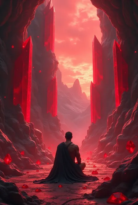 Hades sitting in a cave ,  the cave is full of large red diamonds.  Sitting on a chain in front of him Atehne trapped on a chain. Hell is the bright Olympus above in the .  picture below 