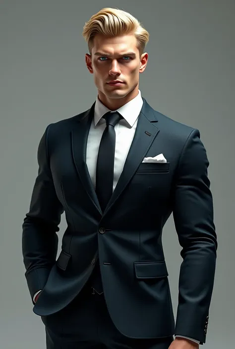 Create a realistic 3d image of a very well dressed blond muscular man with blue eyes 