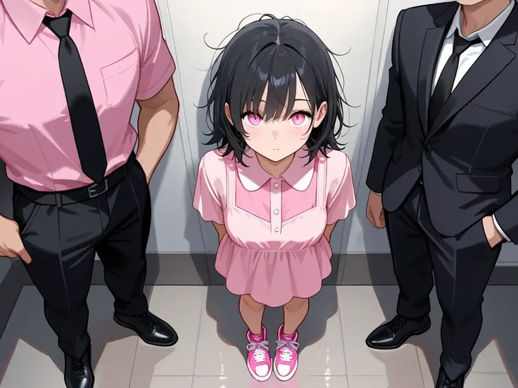  a girl,  short disheveled hair ,  black hair,  pink eyes ; pink and black outfit ,  pink dress shirt , black tie,  black dress pants ,  pink sneakers;  from above,  Anatomically Correct Superheroes,  Best quality, 