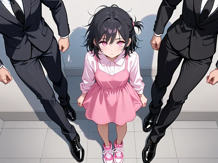  a girl,  short disheveled hair ,  black hair,  pink eyes ; pink and black outfit ,  pink dress shirt , black tie,  black dress pants ,  pink sneakers;  from above,  Anatomically Correct Superheroes,  Best quality, 