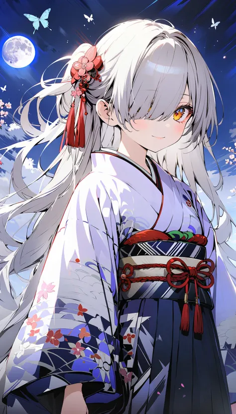 1girl, solo, 18 years old, looking at viewer, smile, closed mouth, silver hair, ponytail, long hair, long sleeves, golden eyes, full moon, flower, japanese clothes, wide sleeves, kimono, hair over one eye, sky, butterfly, hakama skirt, egasumi, yagasuri, p...